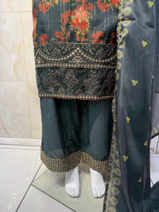 Ar Bottle Green Floral Long Length Ladies Suit with Intricate Design and Colorful Patterns