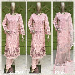 3Pc Pink cotton long length kameez with sequence work