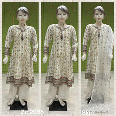 3Pc skin cotton long length kameez with sequence work