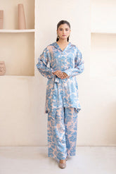 2pc co-ord set White blue silk with belt