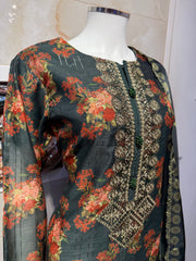 Ar Bottle Green Floral Long Length Ladies Suit with Intricate Design and Colorful Patterns