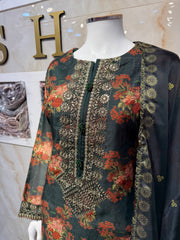 Ar Bottle Green Floral Long Length Ladies Suit with Intricate Design and Colorful Patterns