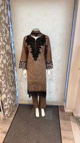 3pc Mocha Brown Cotton suit with silk Dupatta