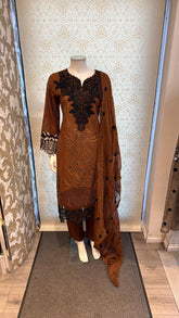 3pc Dark Walnut Cotton suit with silk Dupatta