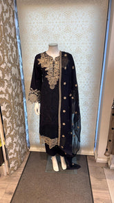 3pc Charcoal Black Cotton suit with silk Dupatta