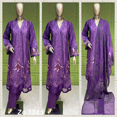 3Pc Purple cotton long length kameez with sequence work