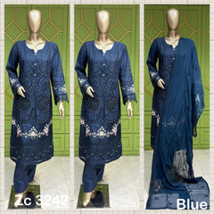 3Pc Blue cotton long length kameez with sequence work
