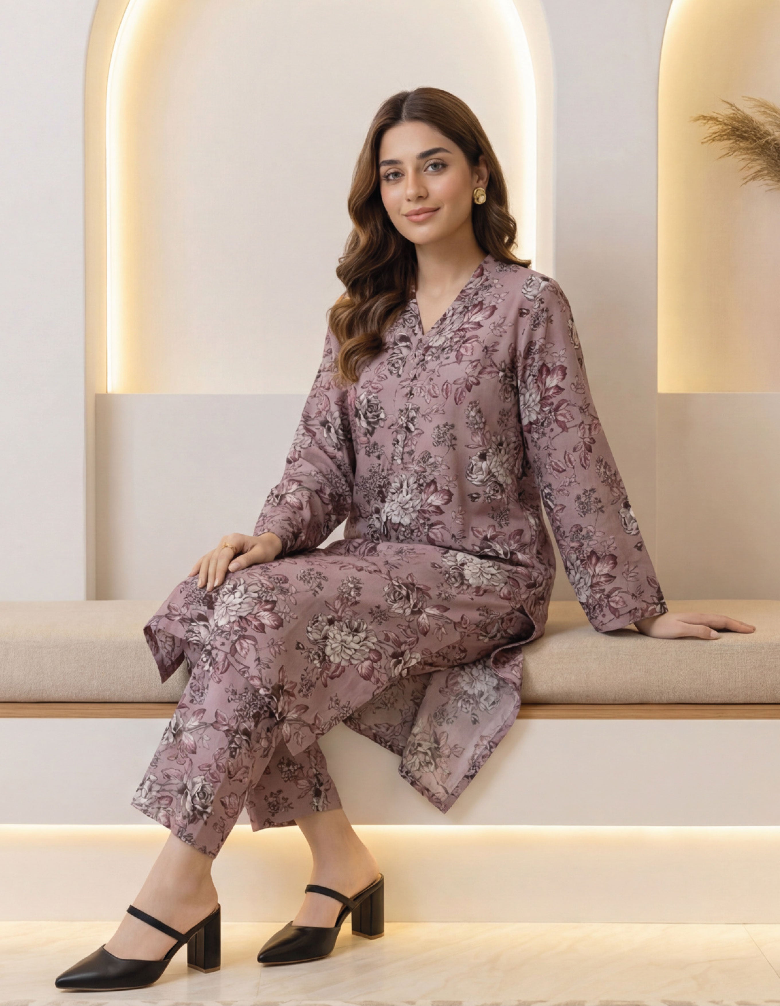 Rose Taupe Linen Stitched Staple Digital print suit