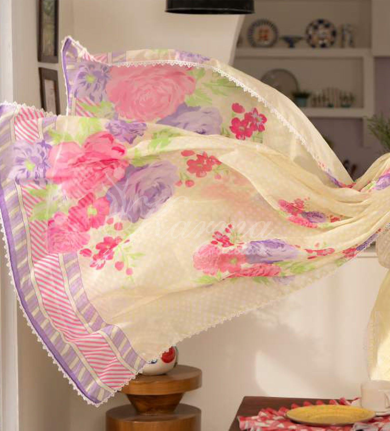 Buttercream Embroidered Lawn Suit with Floral Printed Trouser & Dupatta