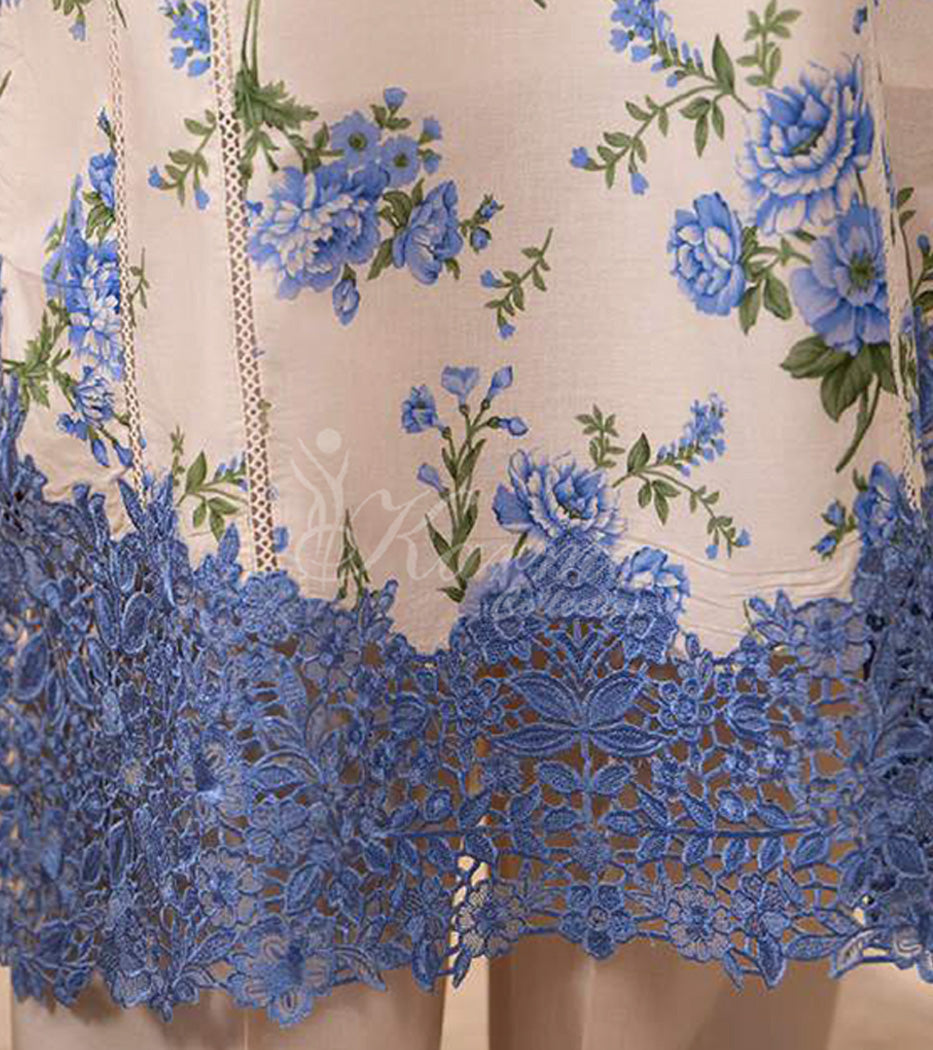 Bluebell Ivory Embroidered Lawn Suit with Floral Printed Dupatta & Farshi Shalwar