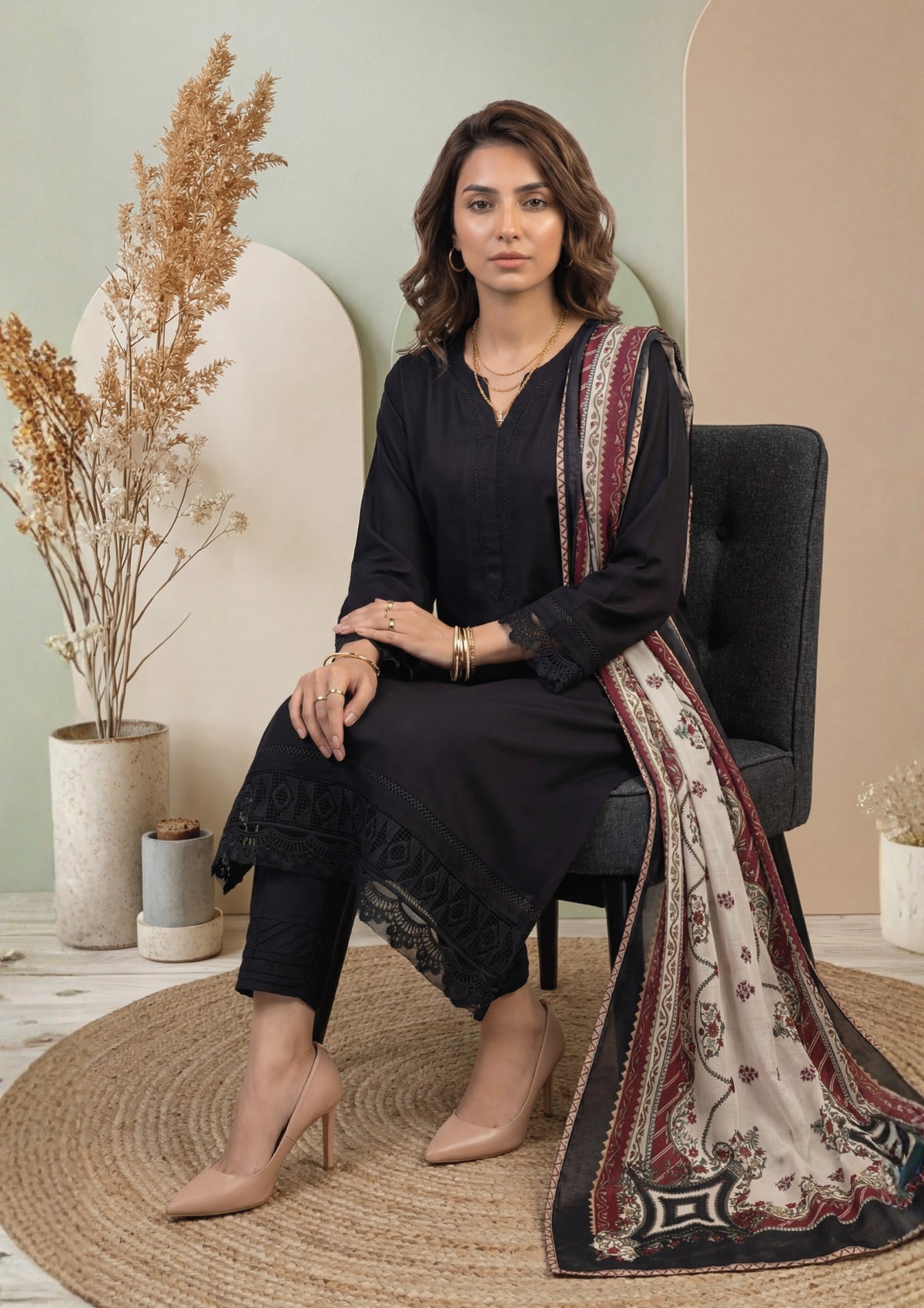 Black Embroidered 3-Piece Cross Slub Suit with Digital Print Dupatta