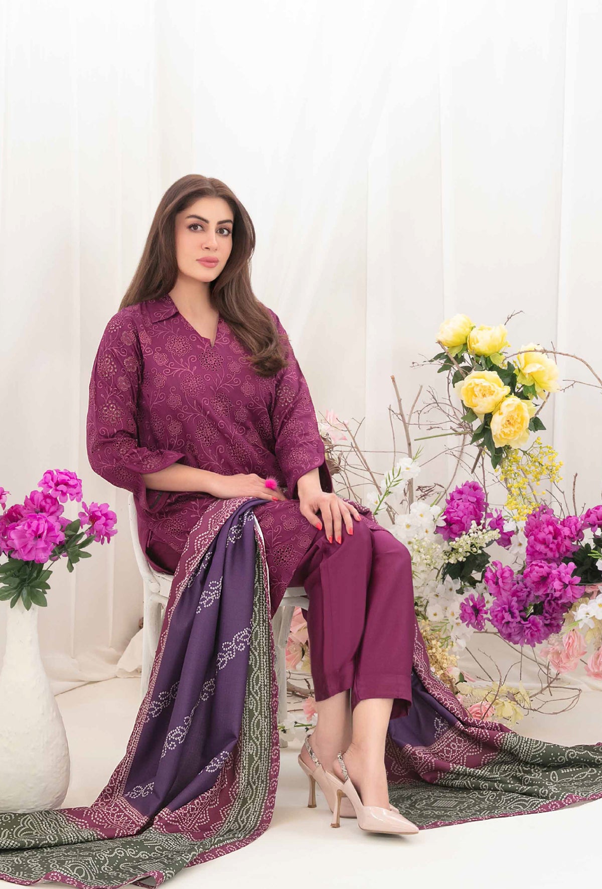 Plum Purple Embroidered Shirt with Digital Printed Shawl Dupatta