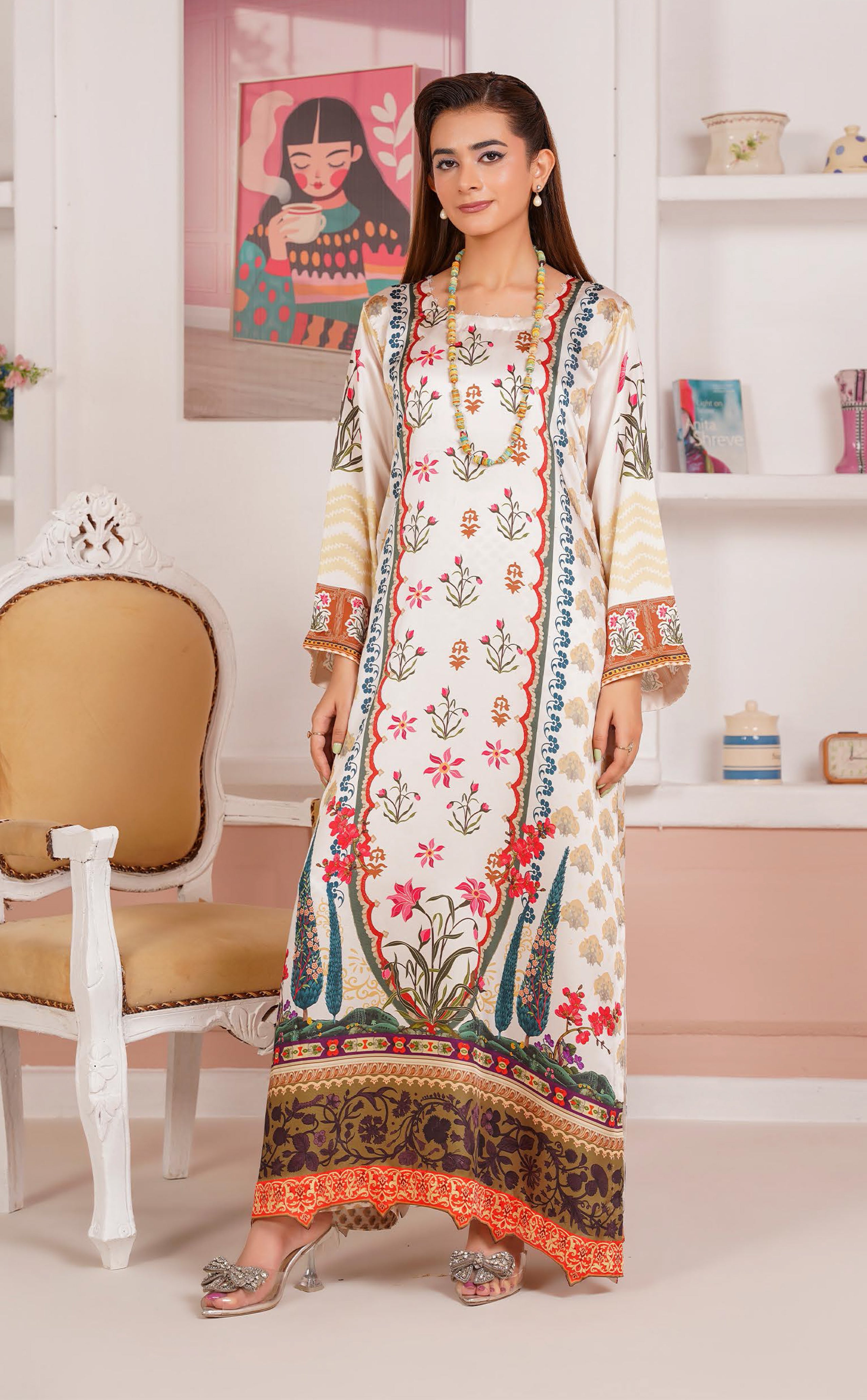 Ivory Floral Printed Silk Long Shirt & Trouser