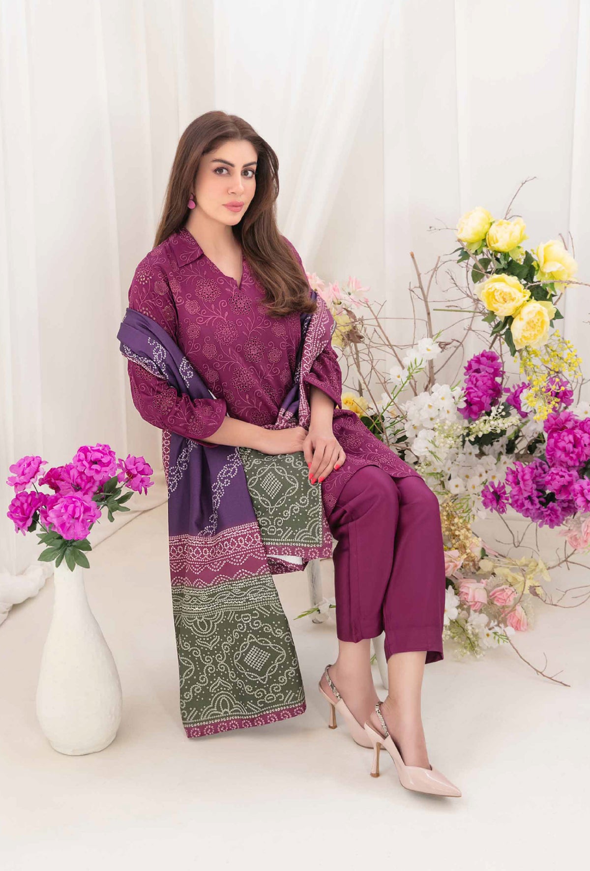 Plum Purple Embroidered Shirt with Digital Printed Shawl Dupatta