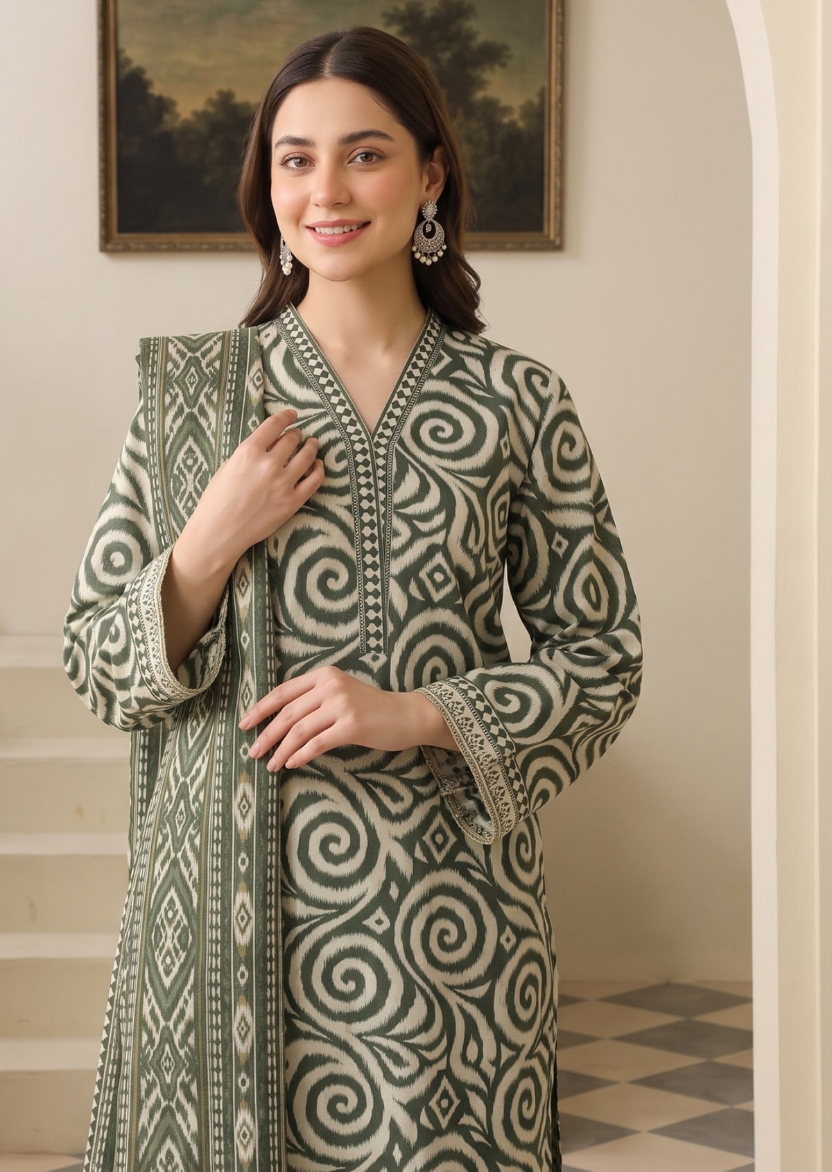 Sage Green Printed Khaddar 3-Piece Suit
