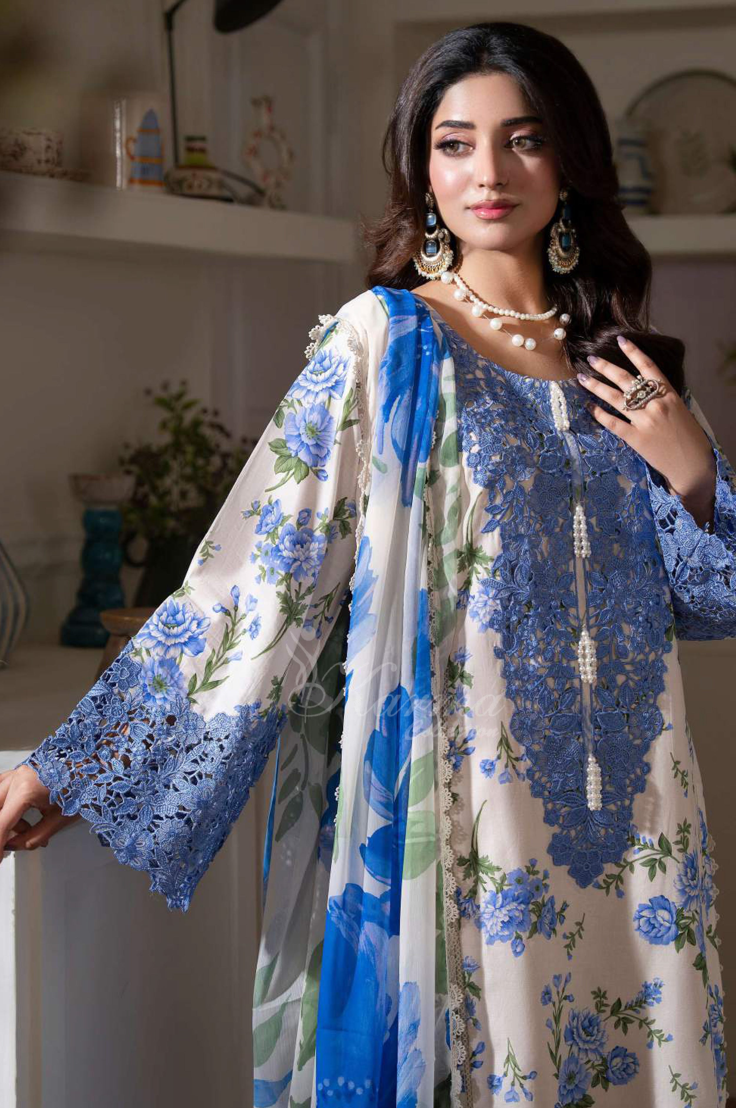 Bluebell Ivory Embroidered Lawn Suit with Floral Printed Dupatta & Farshi Shalwar