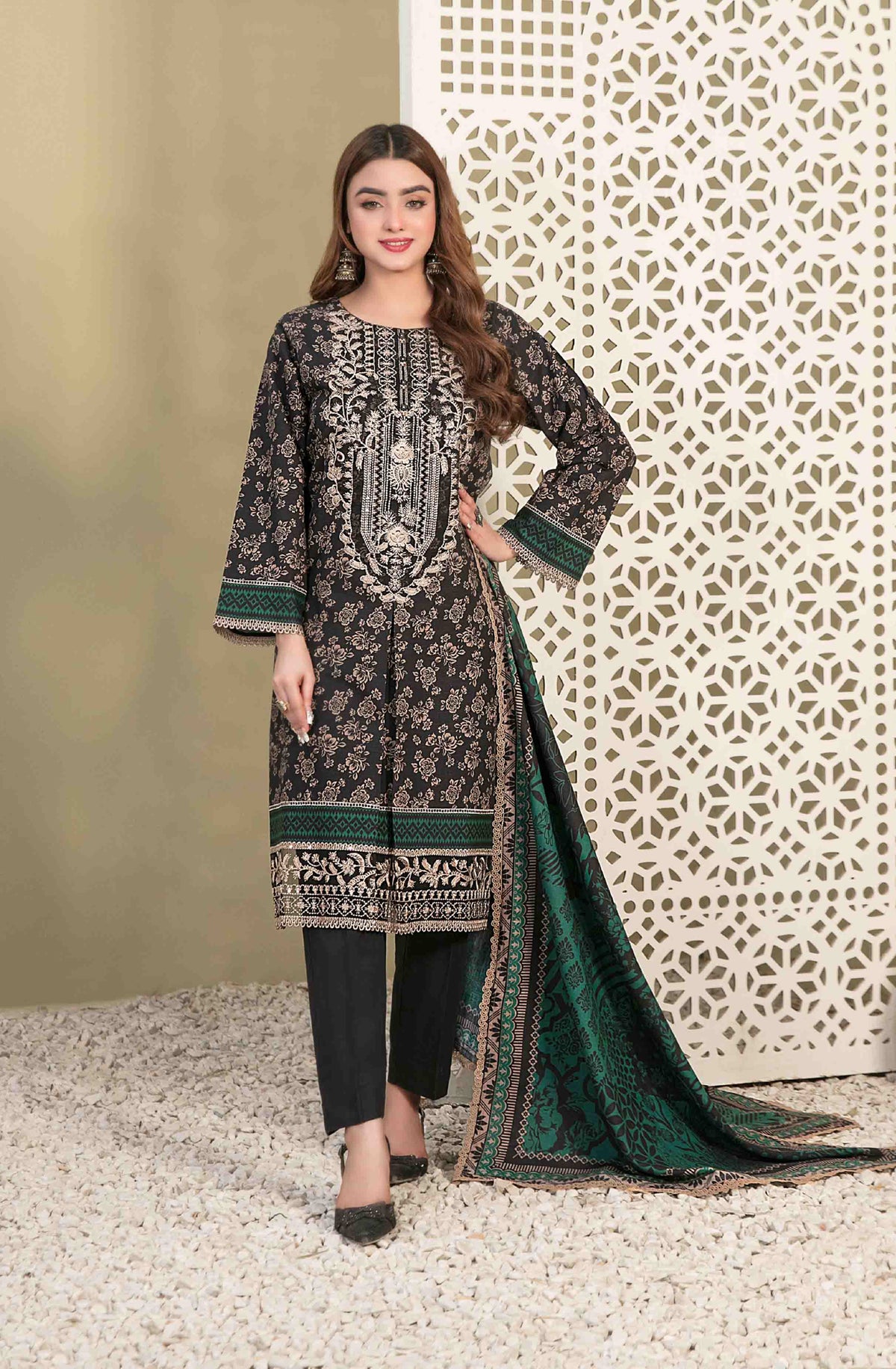 Black and Emerald Green Embroidered Khaddar 3-Piece Suit with Printed Dupatta