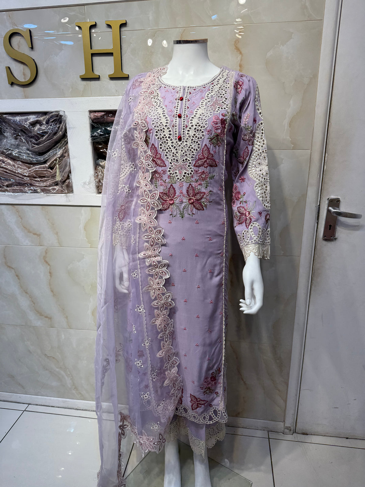 Ar Lilac White Thread Embroidery with Patchwork on Trousers - Elegant Design Featuring Floral Patterns