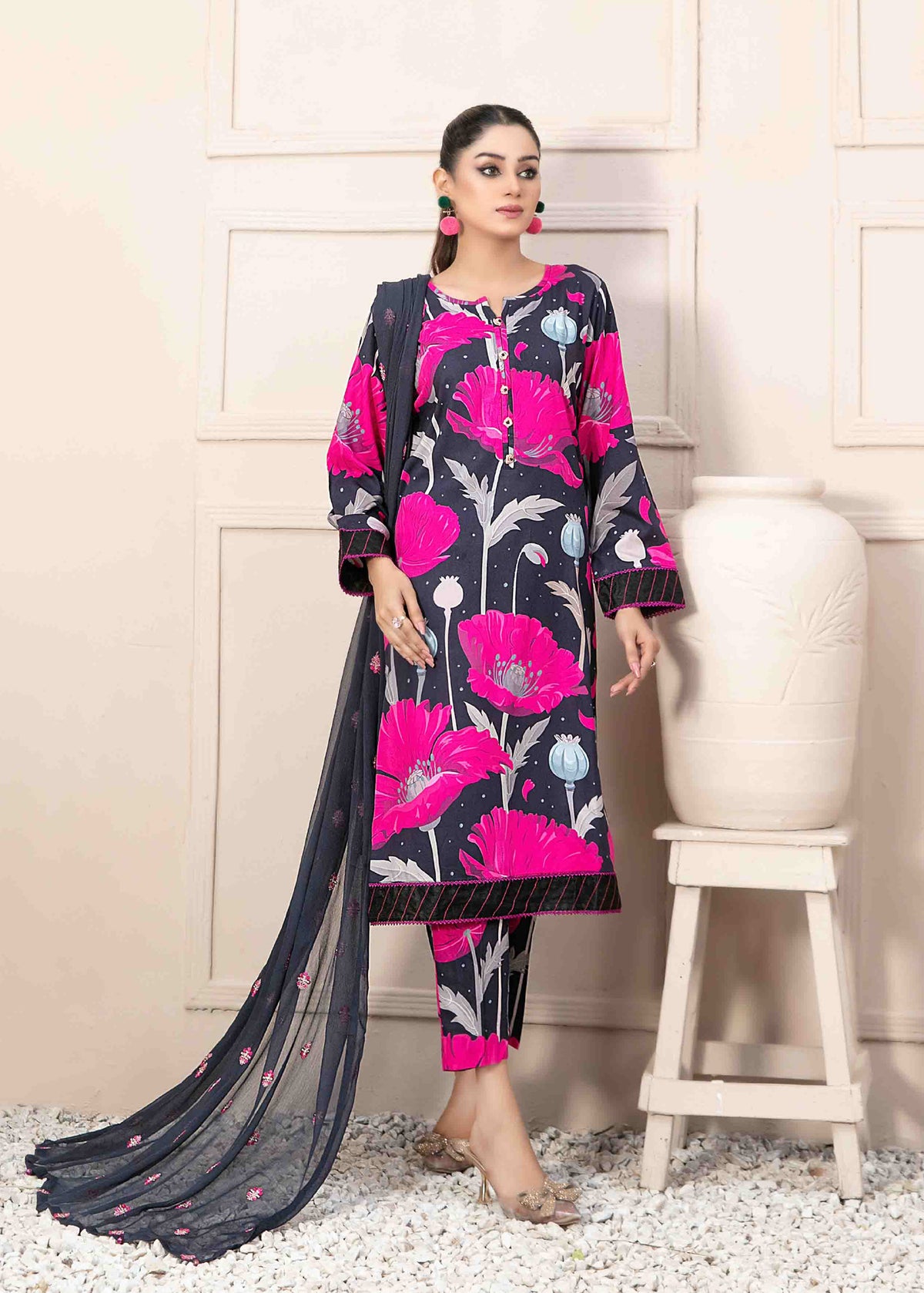 Black and Hot Pink Floral 3-Piece Suit with Embroidered Chiffon Dupatta