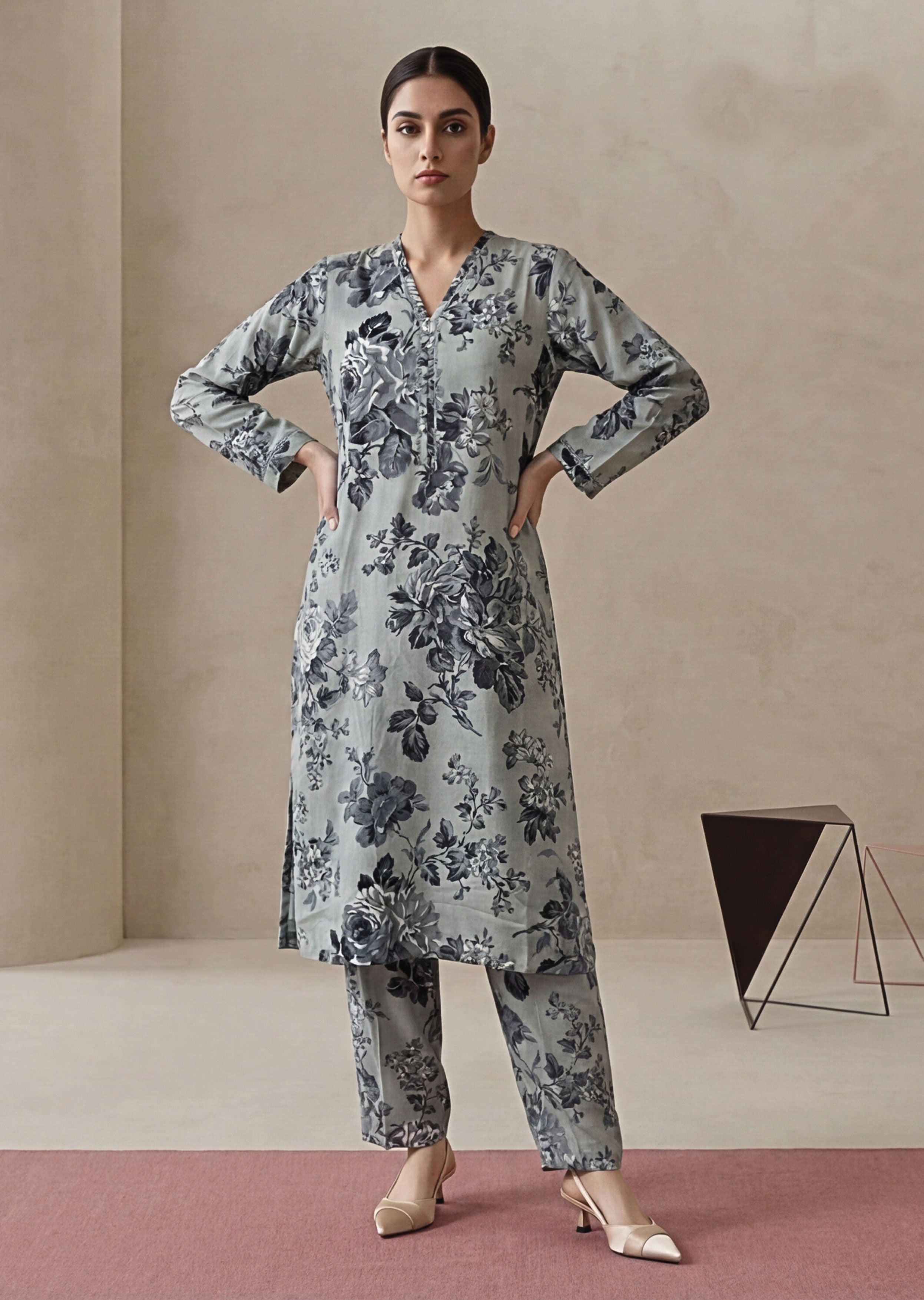 Silver Sage Linen Stitched Staple Digital print suit