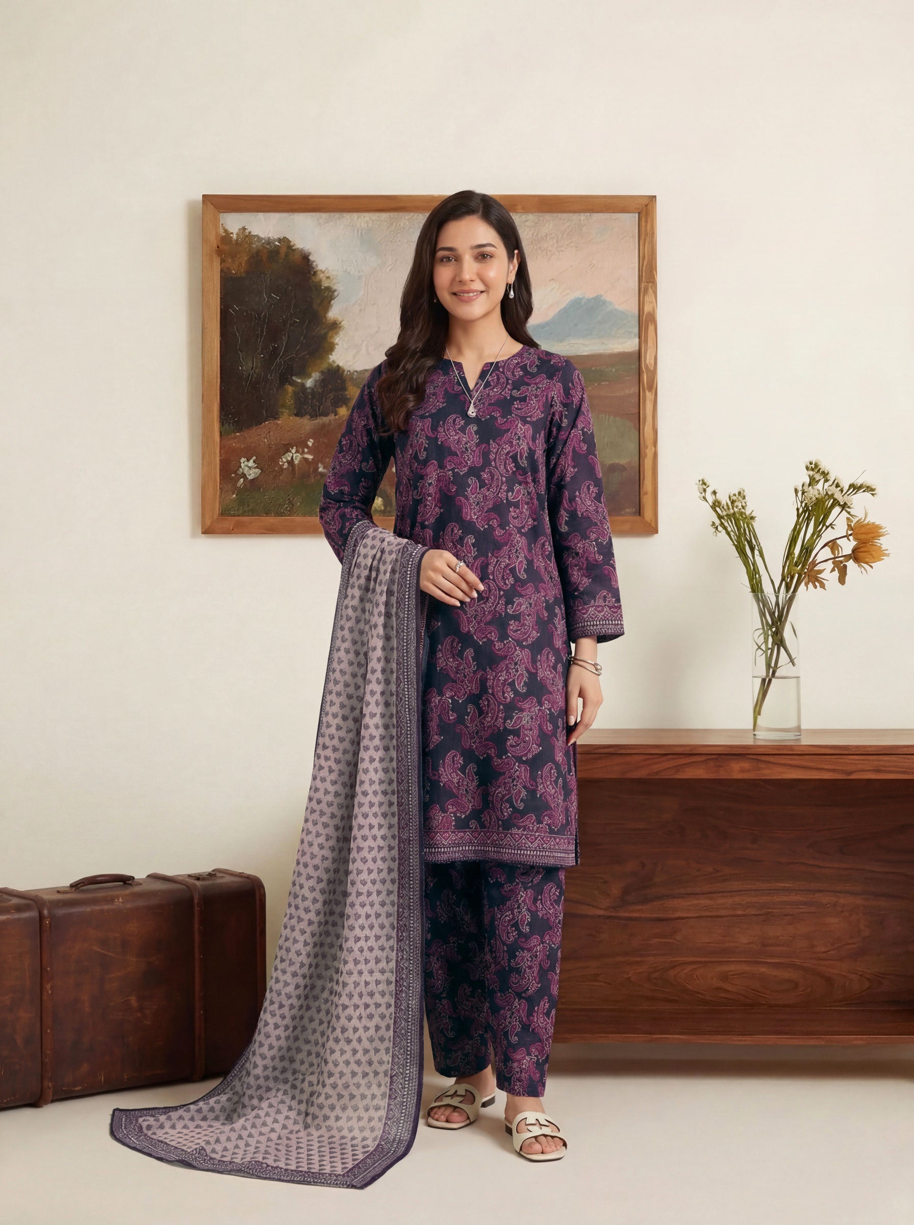 Charcoal Indigo Elite Lawn Rotary Print 3PC Ready-to-Wear