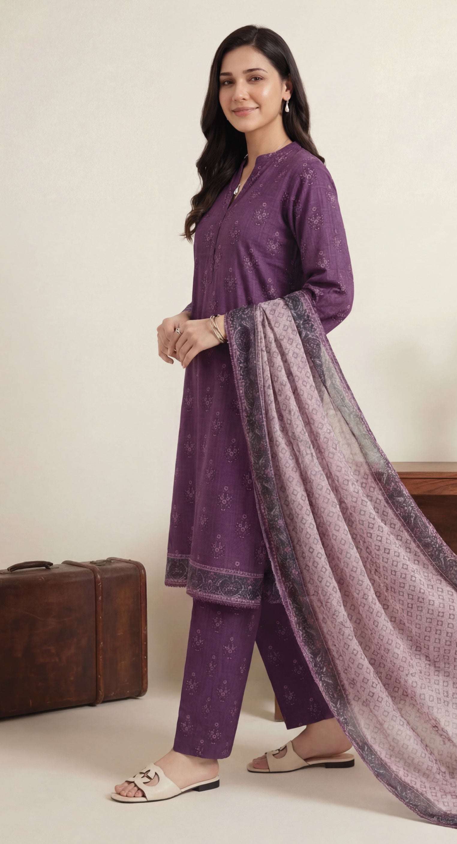 Velvet Plum Lawn Rotary Print 3PC Ready-to-Wear