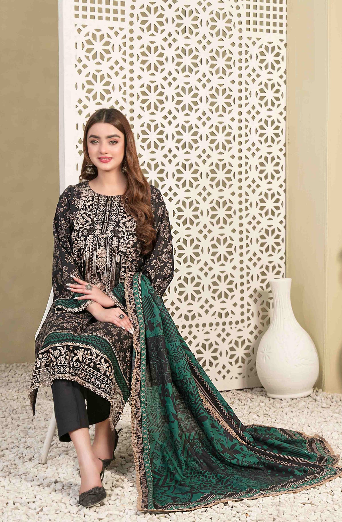 Black and Emerald Green Embroidered Khaddar 3-Piece Suit with Printed Dupatta