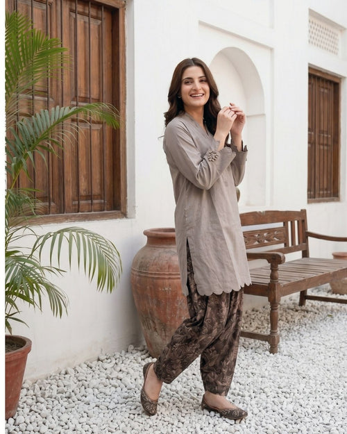 Dusty Brown Modern Solid 2PC - Chic shirt with digital print trouser