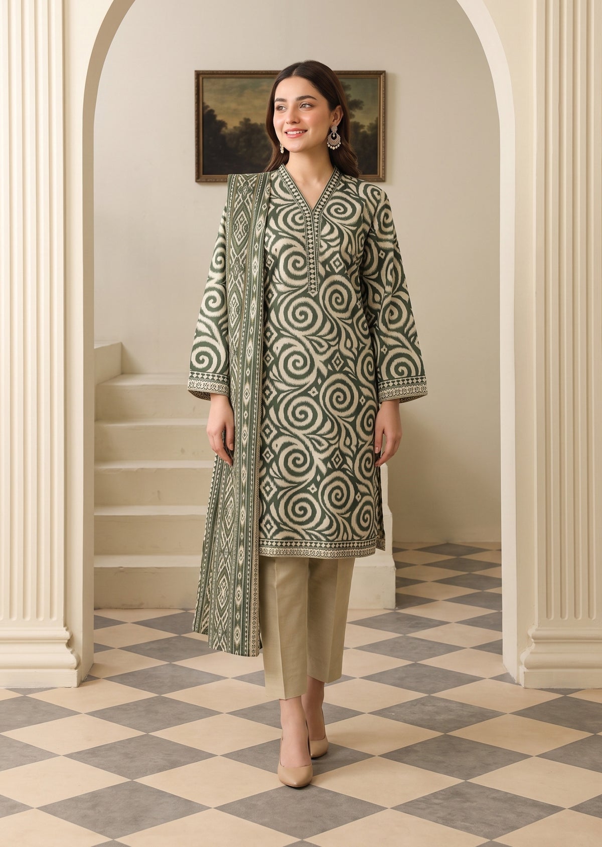 Sage Green Printed Khaddar 3-Piece Suit