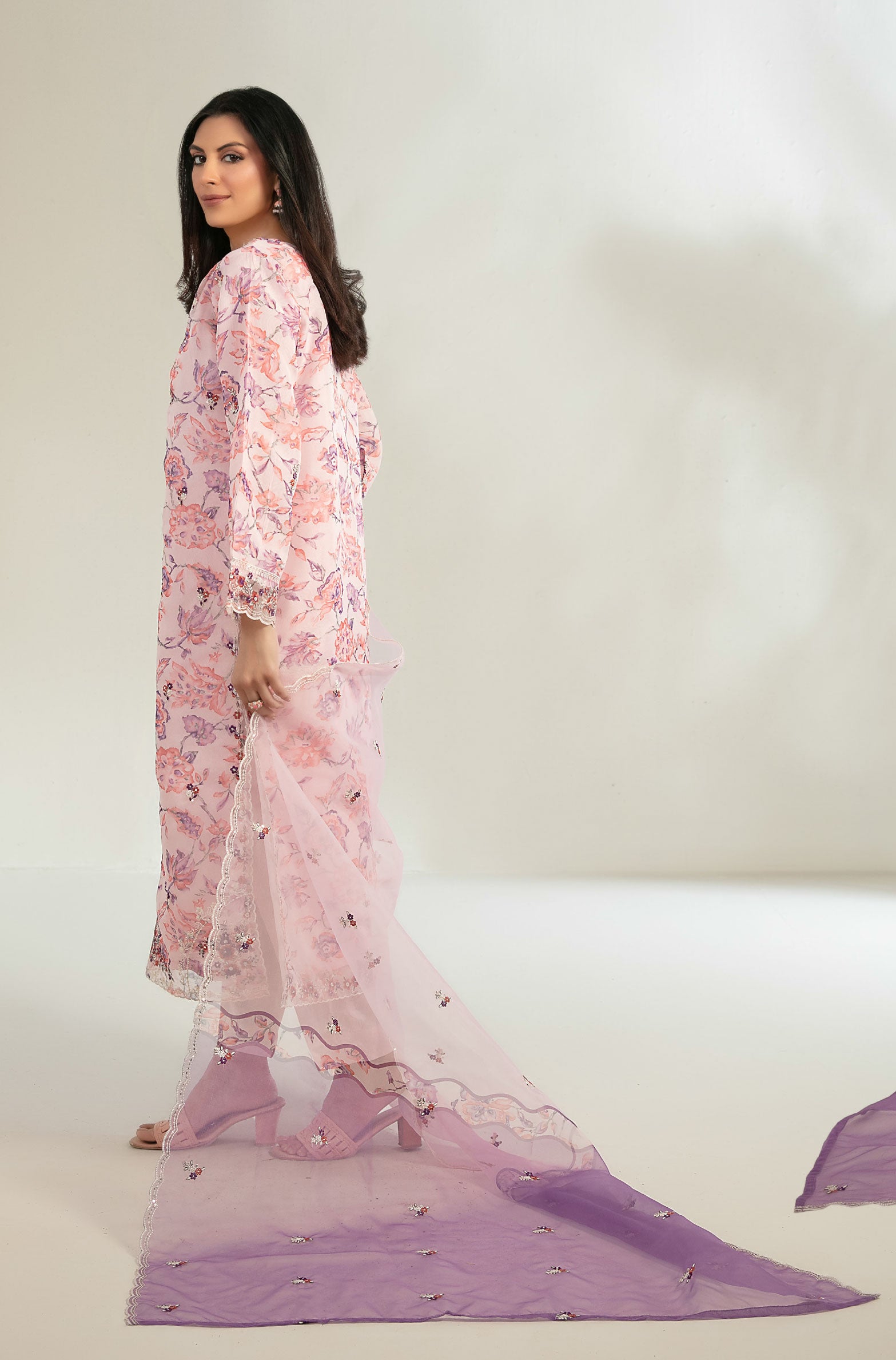 Peach Blush Stitched Fancy Embrioderd organza suit