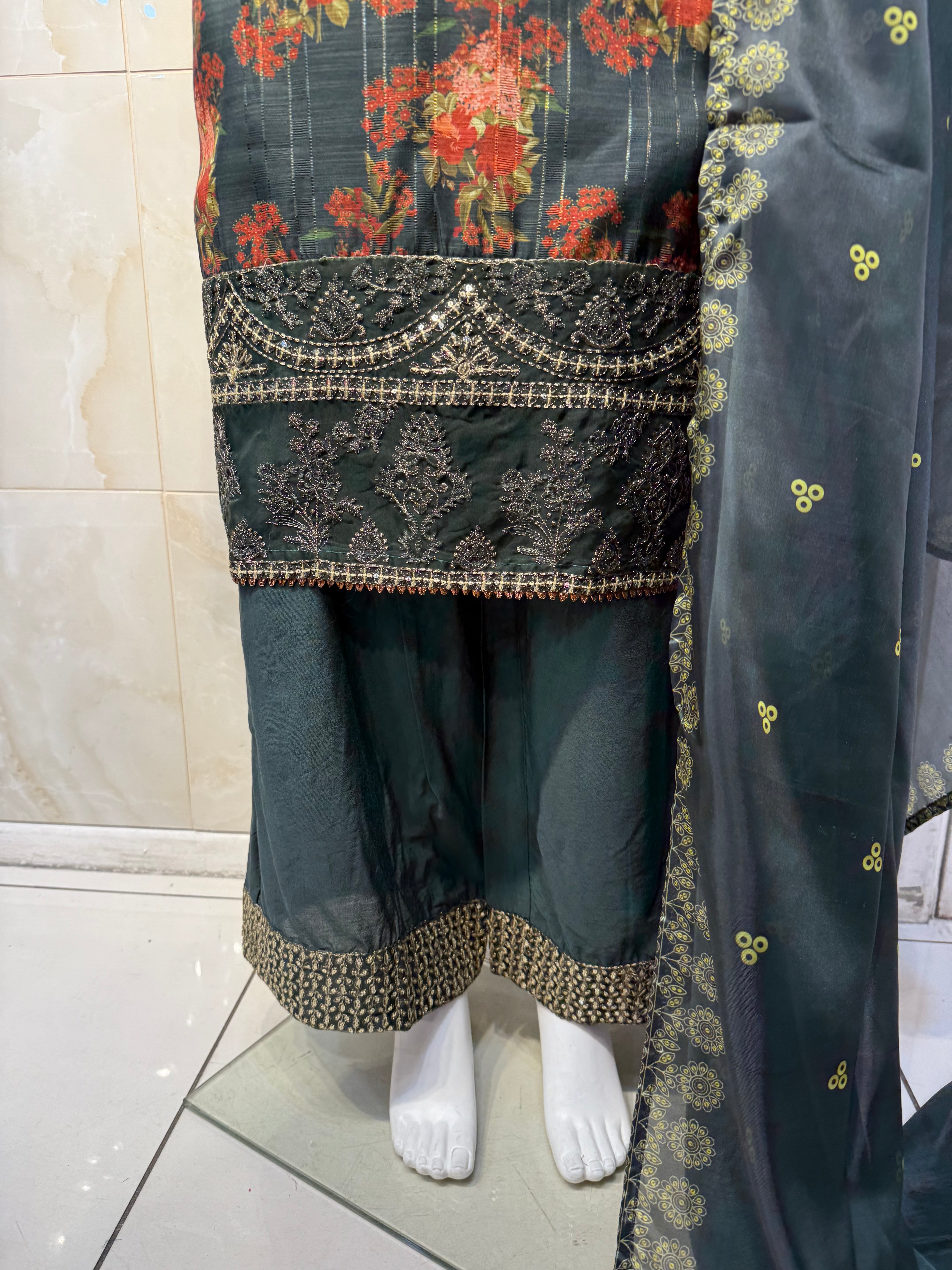 Ar Bottle Green Floral Long Length Ladies Suit with Intricate Design and Colorful Patterns