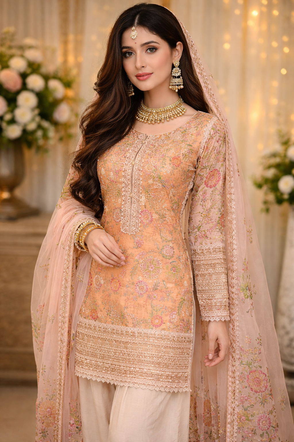 Karma Peach Floral Farshi 3pc Outfit