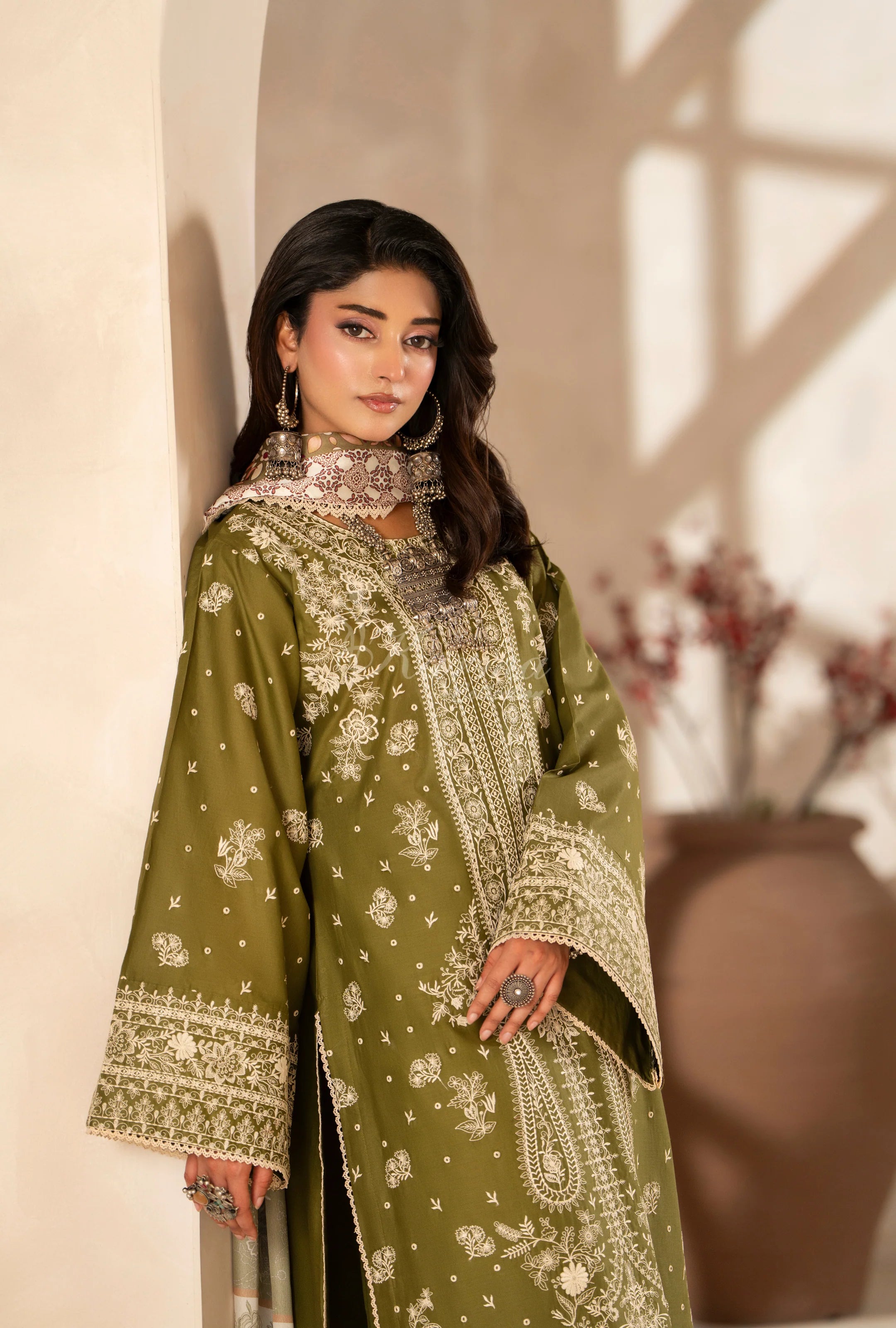 Original Karma collection olive green 3pc outfit with silk scarf