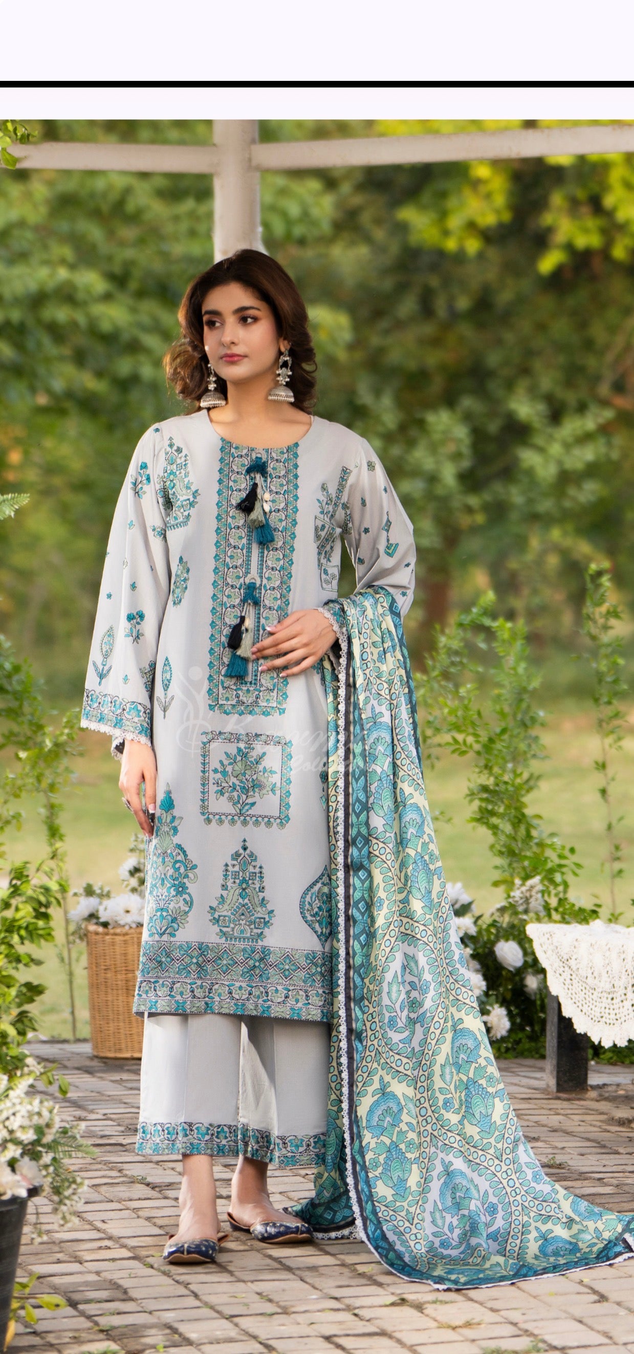 Grey with blue embroidery 3pc original karma suit with long kameez and plazo