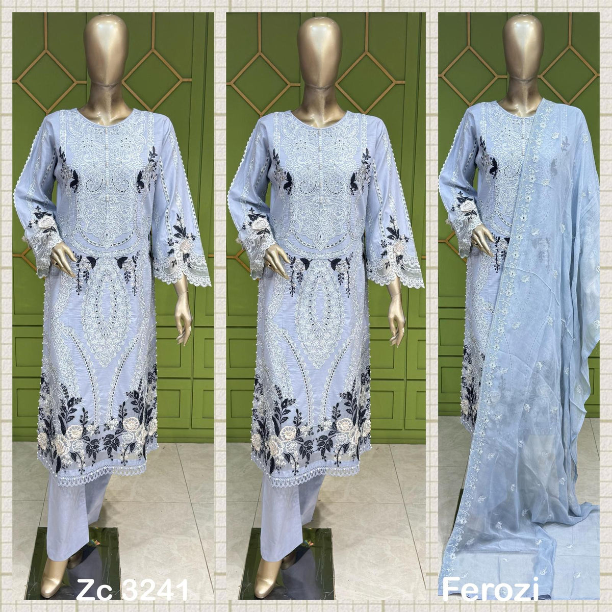 3Pc ferozi cotton long length kameez with sequence work