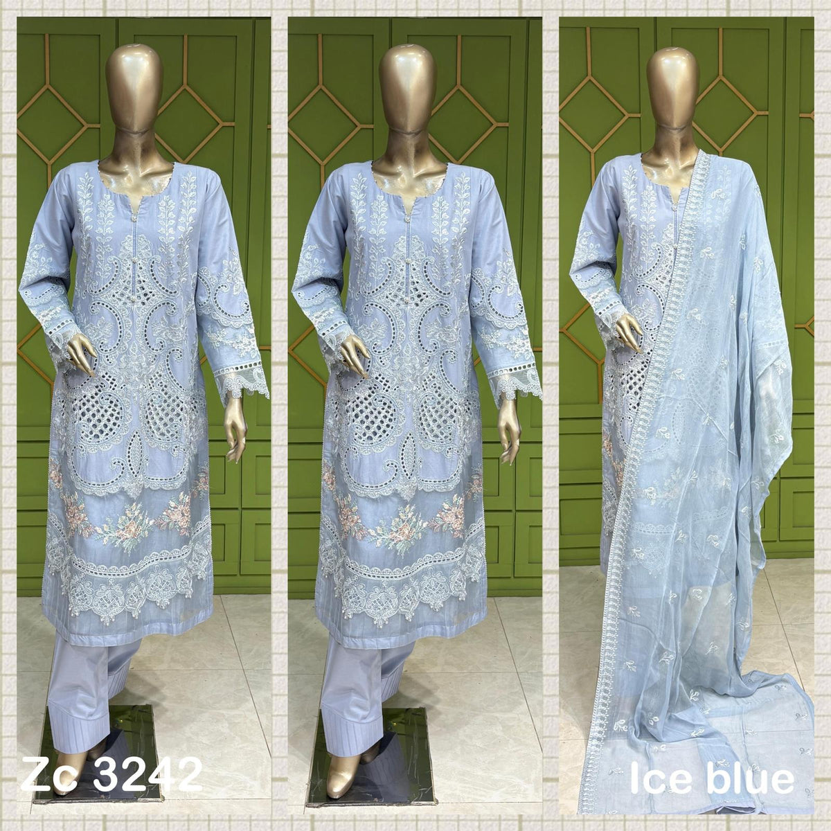 3Pc Ice Blue cotton long length kameez with sequence work