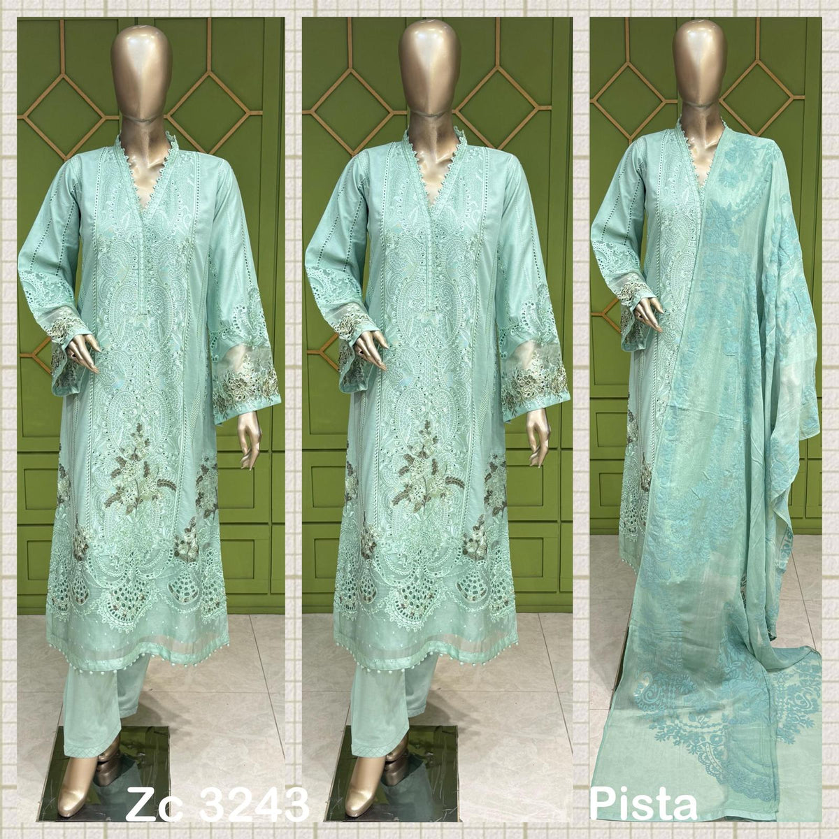 3Pc Pista cotton long length kameez with sequence work