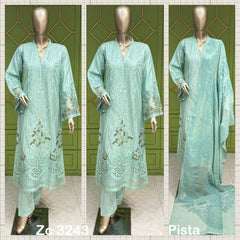 3Pc Pista cotton long length kameez with sequence work