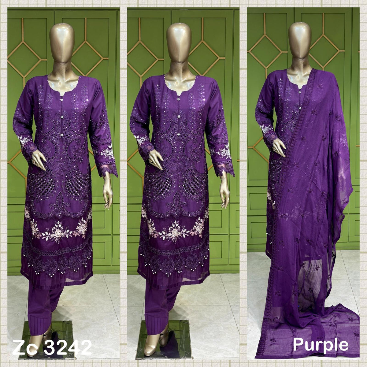 3Pc Purple cotton long length kameez with sequence work