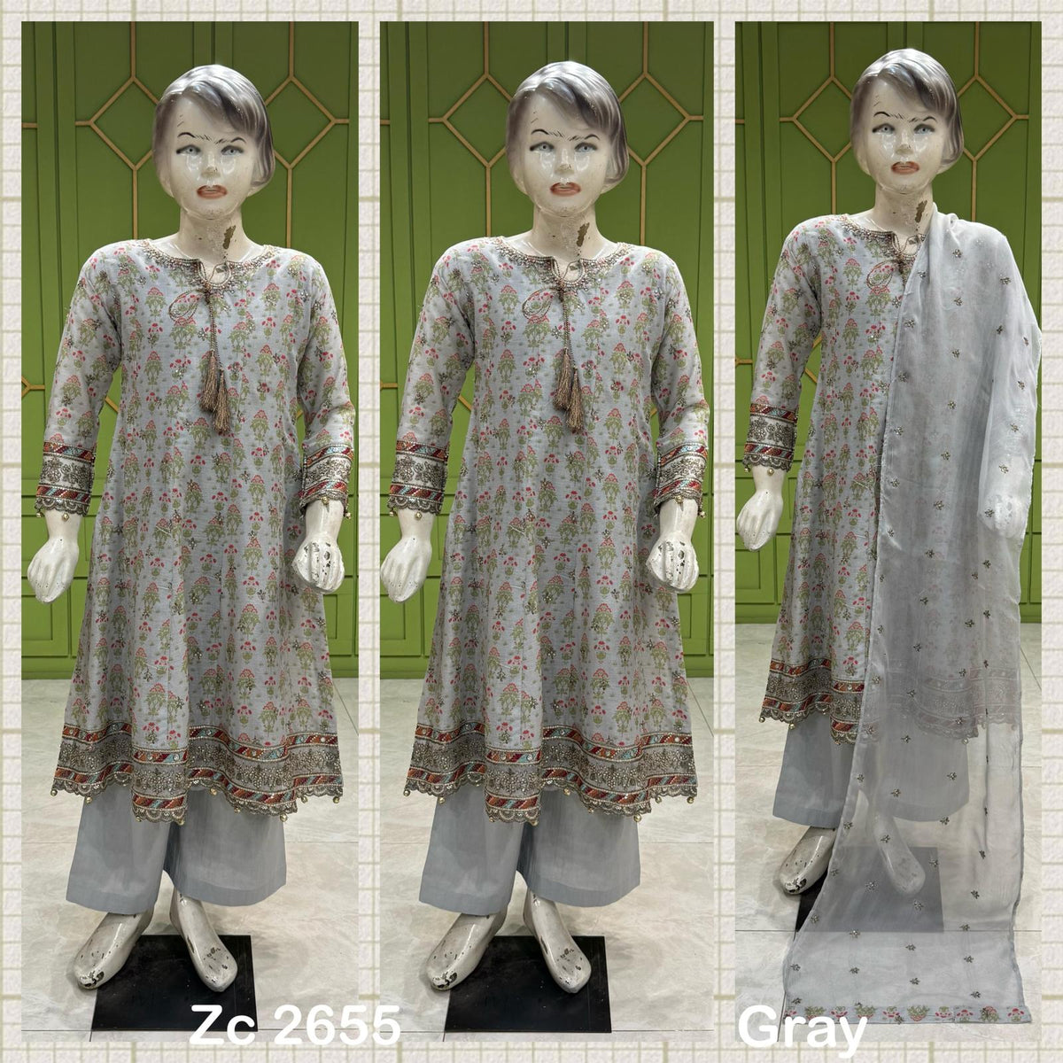 3Pc Gray cotton long length kameez with sequence work