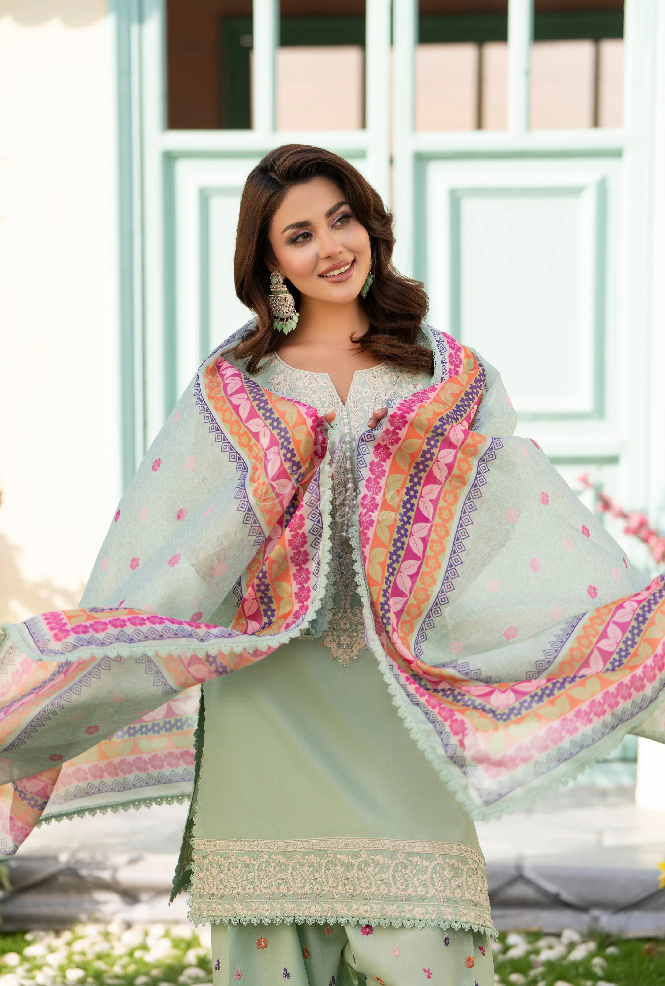 Original karma collection 3pc suit with embroidery farshi shalwar SAGE TINT
KC-1556