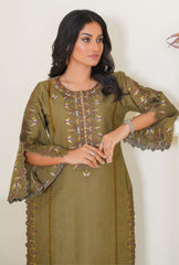 2pc khaki outfit with red,yellow and white embroidery on neckline
