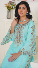 2pc sky blue with multicolour embroidery on neckline