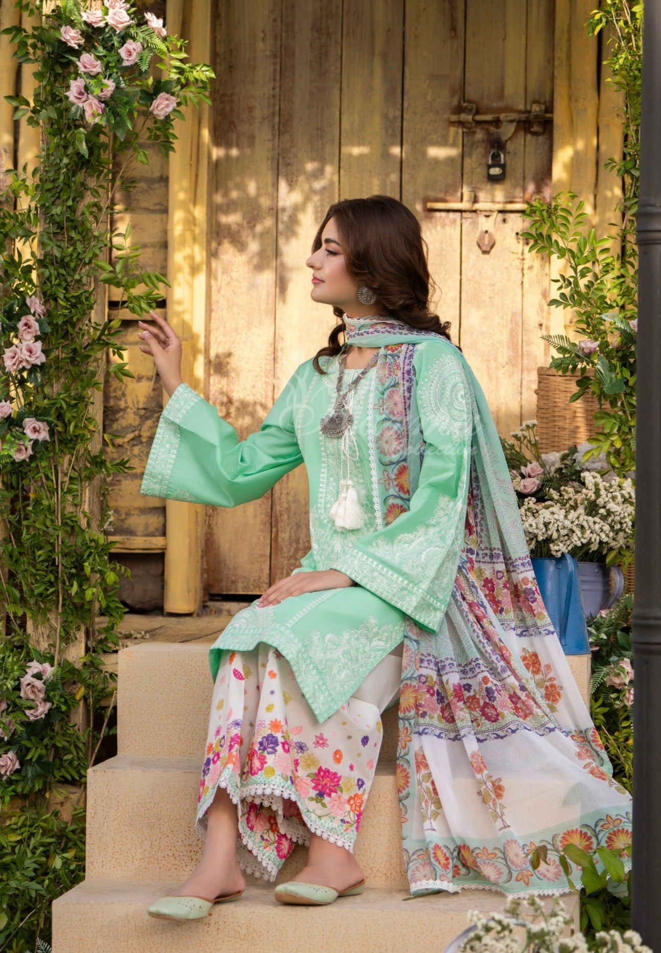Mint green with white embroidery original karma collection 3pc outfit