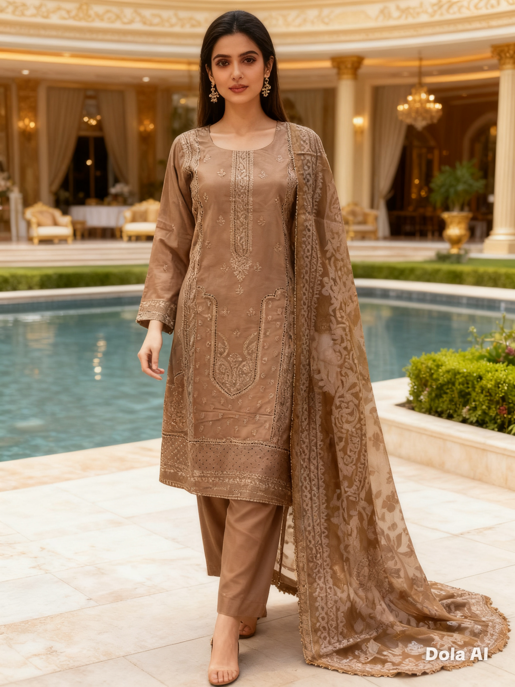 Light brown thread embroidery outfit with sequins 3pc outfit