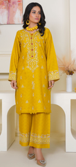 2pc yellow with white embroidery on kameez and trousers