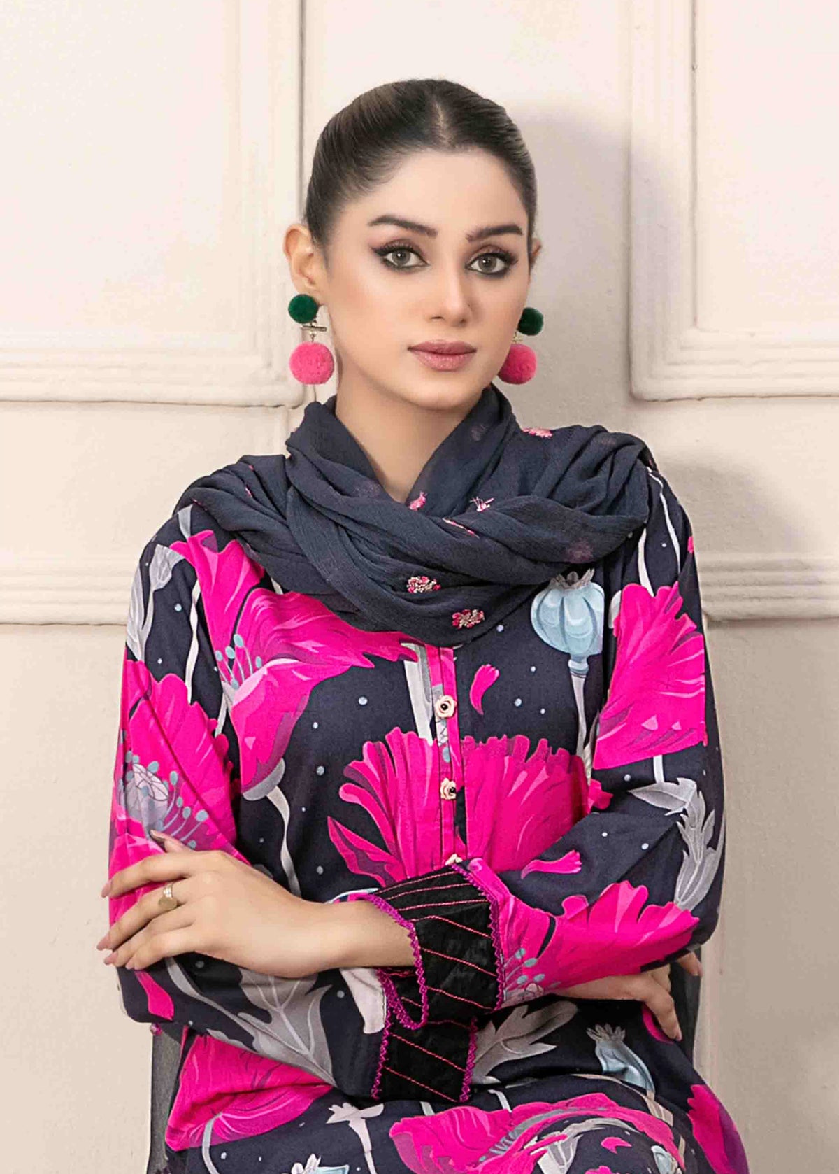 Black and Hot Pink Floral 3-Piece Suit with Embroidered Chiffon Dupatta