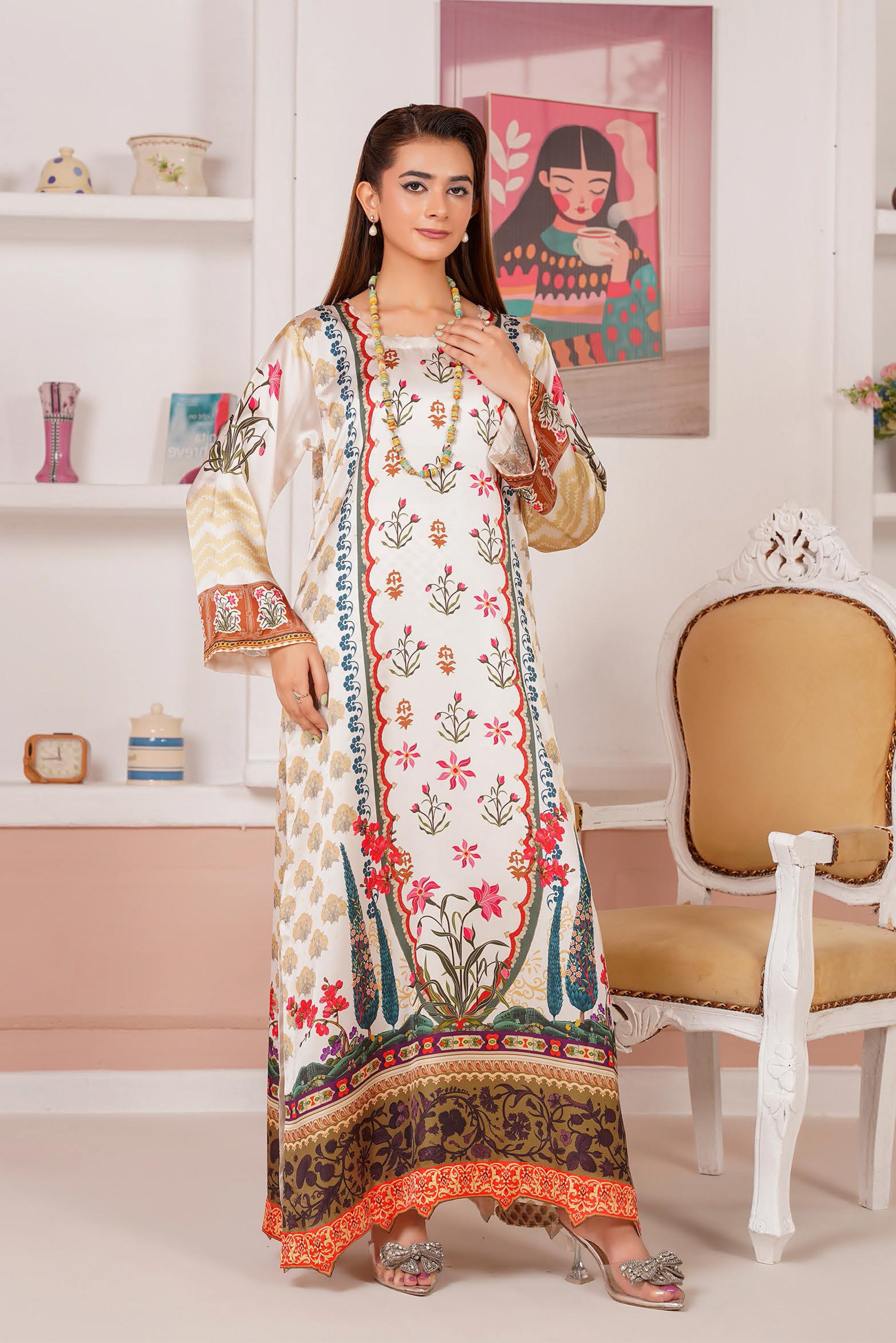 Ivory Floral Printed Silk Long Shirt & Trouser