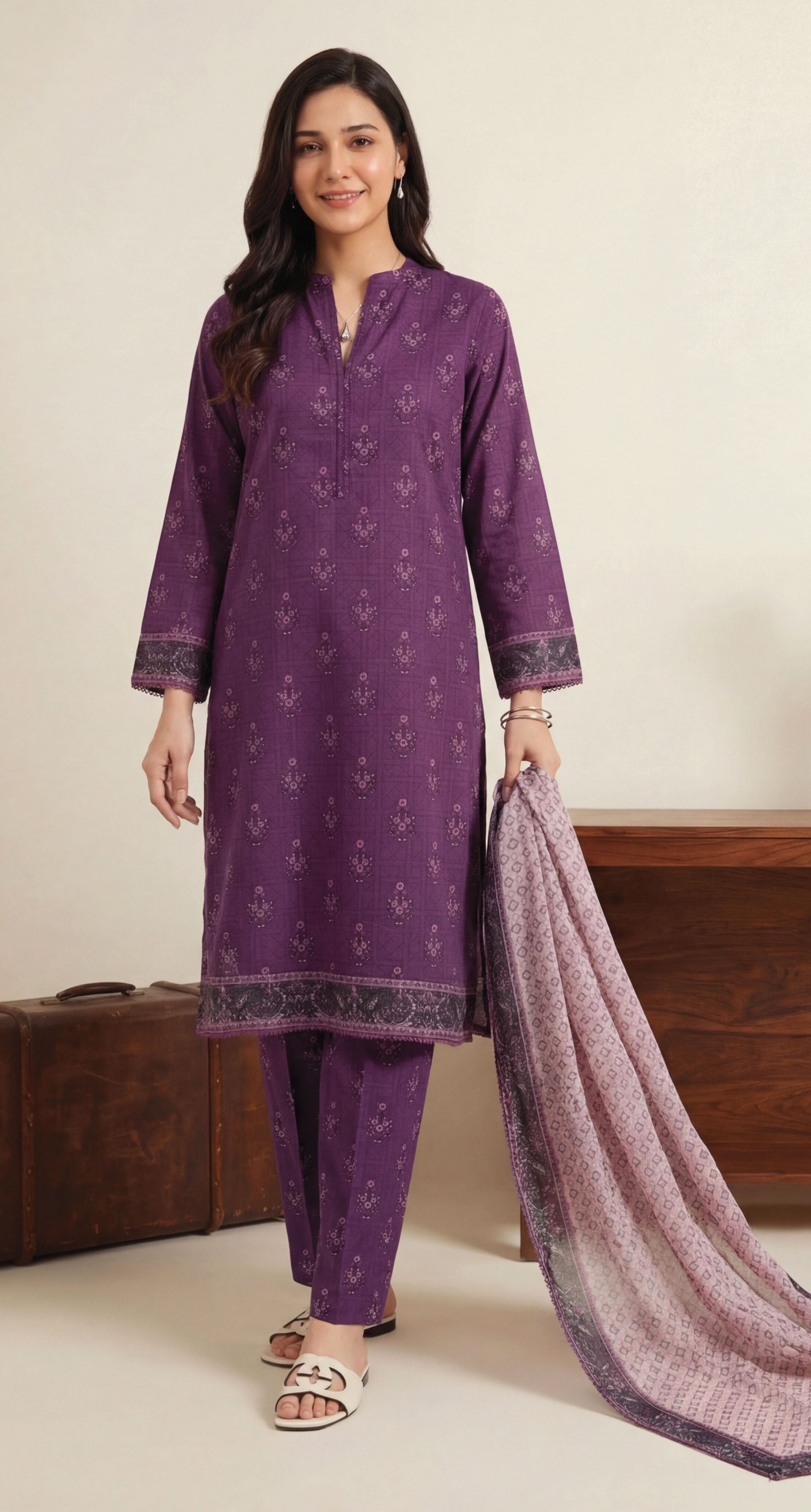 Velvet Plum Lawn Rotary Print 3PC Ready-to-Wear
