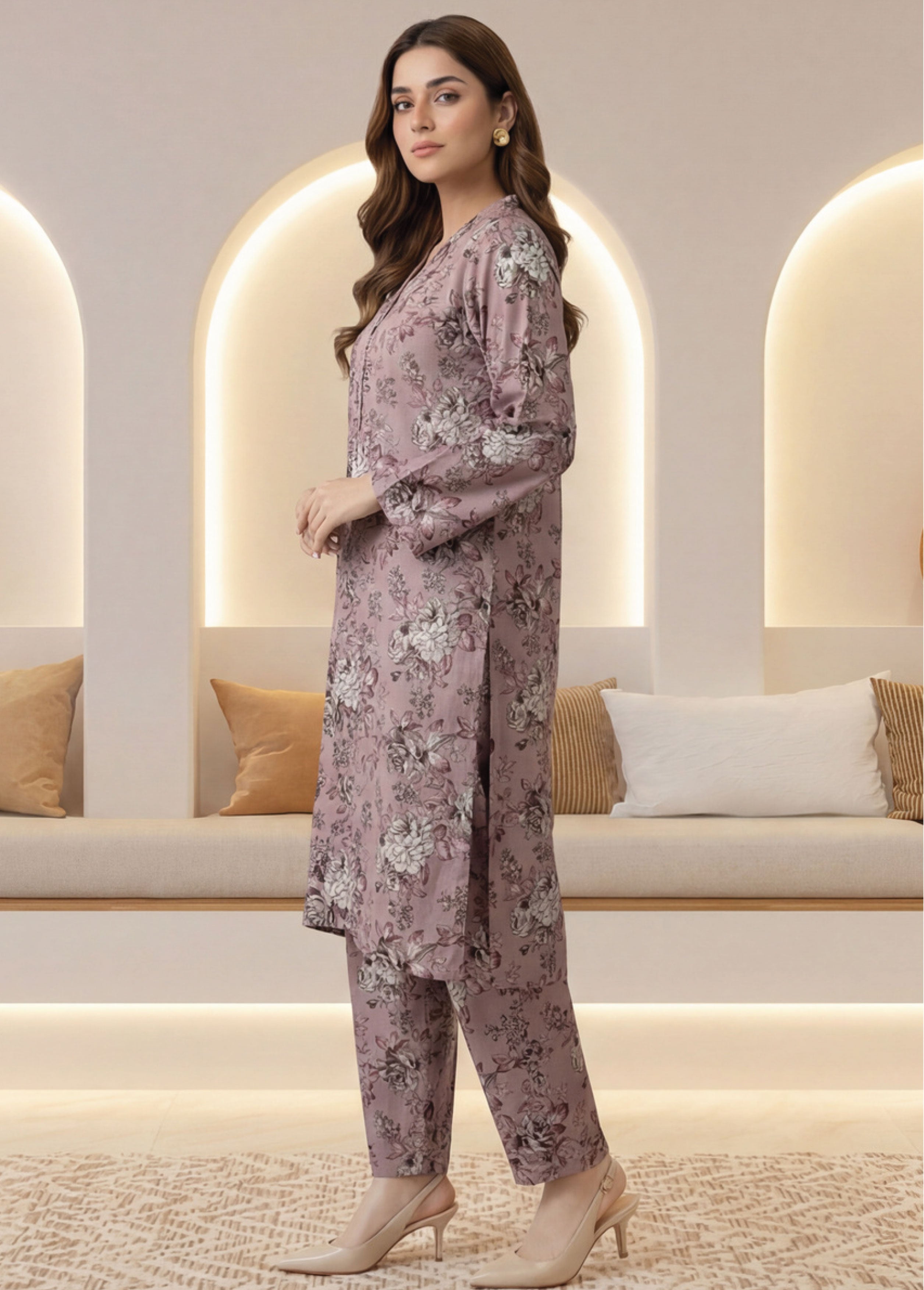 Rose Beige Linen Stitched Staple Digital print suit